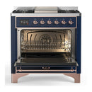 ILVE Majestic III 36-inch Dual Fuel Range with 6 Natural Gas Burner, Griddle and Solid Door Electric Oven in Midnight Blue with Copper Trim (UM36FQNR3MBP)