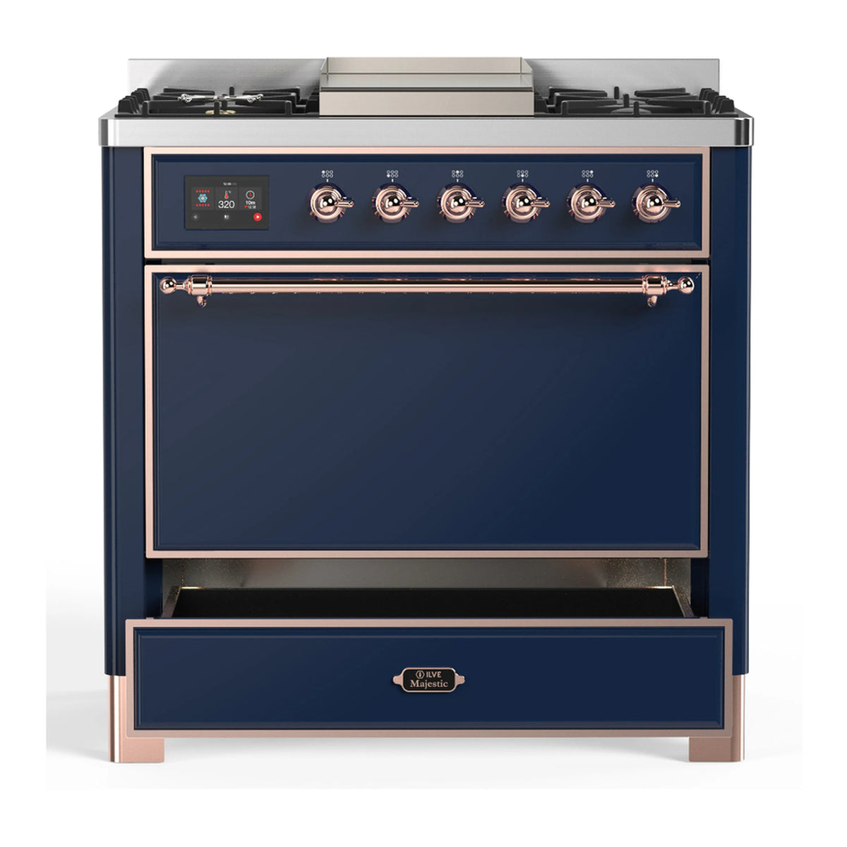 Midnight blue dual fuel range with closed oven door and copper-trimmed drawer handle