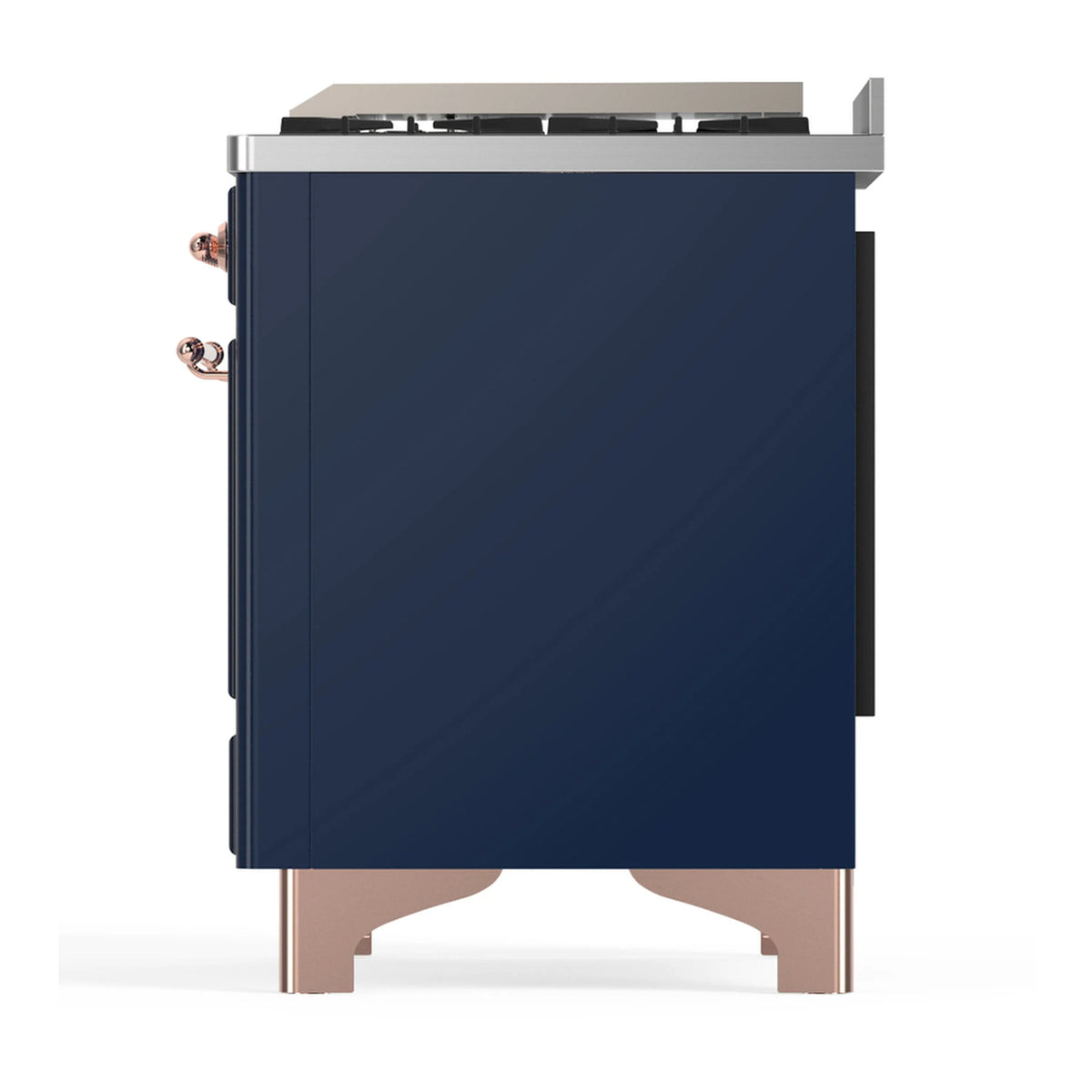 Midnight blue dual fuel range side panel with copper base feet