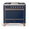 ILVE Majestic III 36-inch Dual Fuel Range with 6 Natural Gas Burner, Griddle and Solid Door Electric Oven in Midnight Blue with Copper Trim (UM36FQNR3MBP)