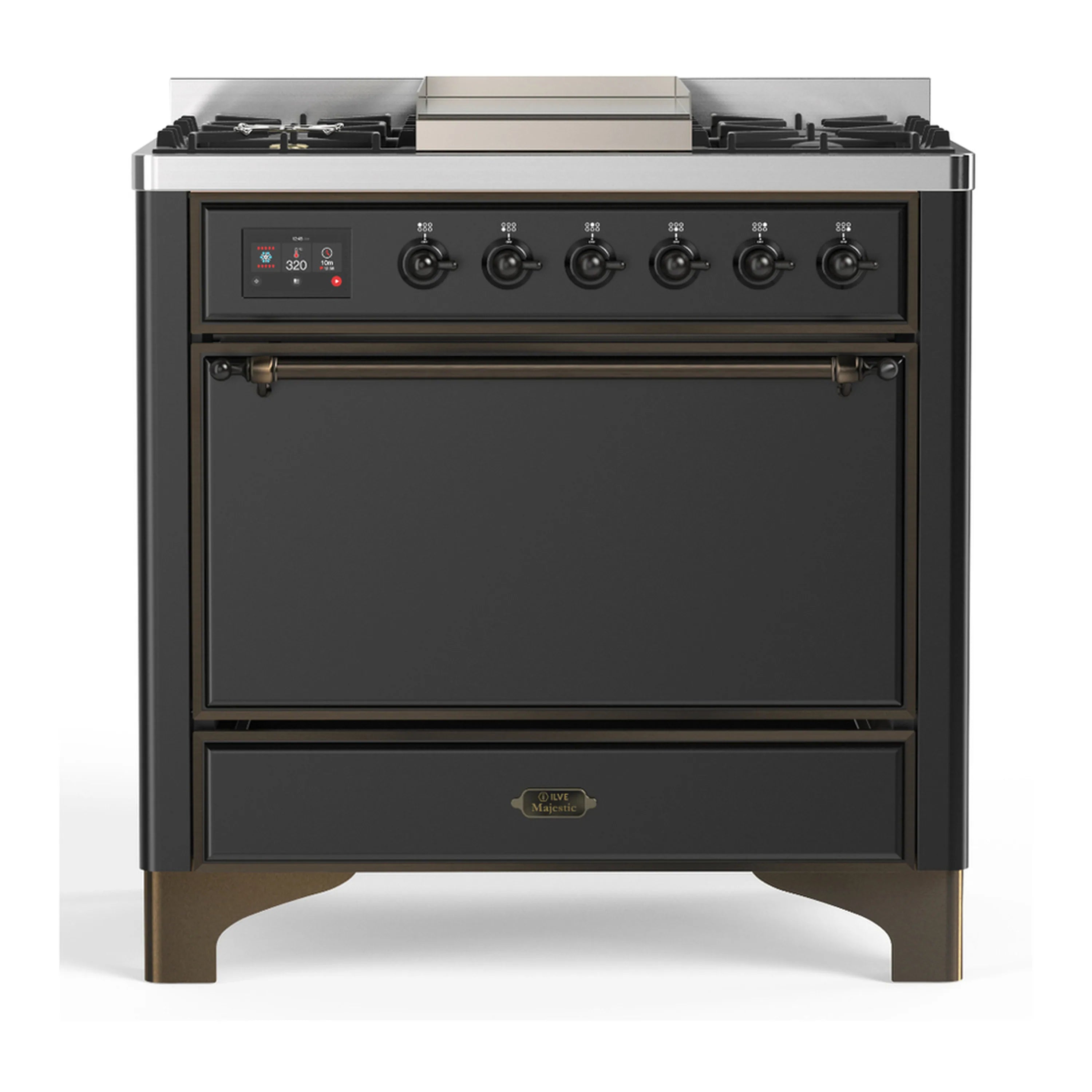 Graphite matte dual fuel range front with control panel and solid electric oven door