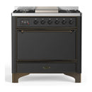 ILVE Majestic III 36-inch Dual Fuel Range with 6 Natural Gas Burner, Griddle and Solid Door Electric Oven in Graphite Matte with Burnished Trim (UM36FQNR3MGB)