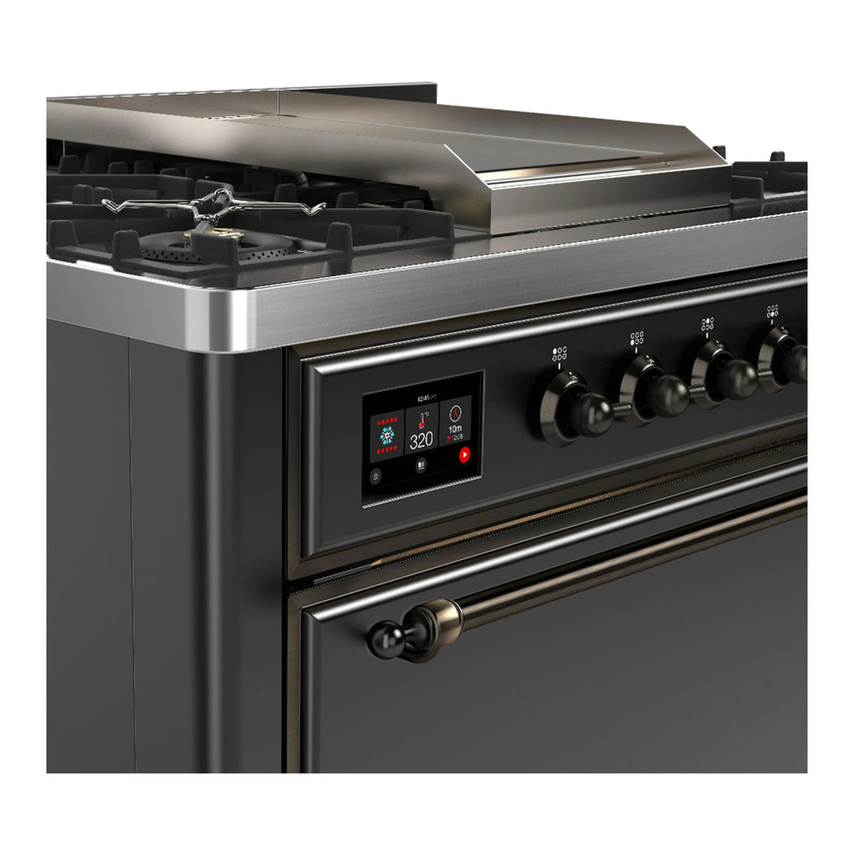 Graphite matte range control panel with digital display and burner knobs