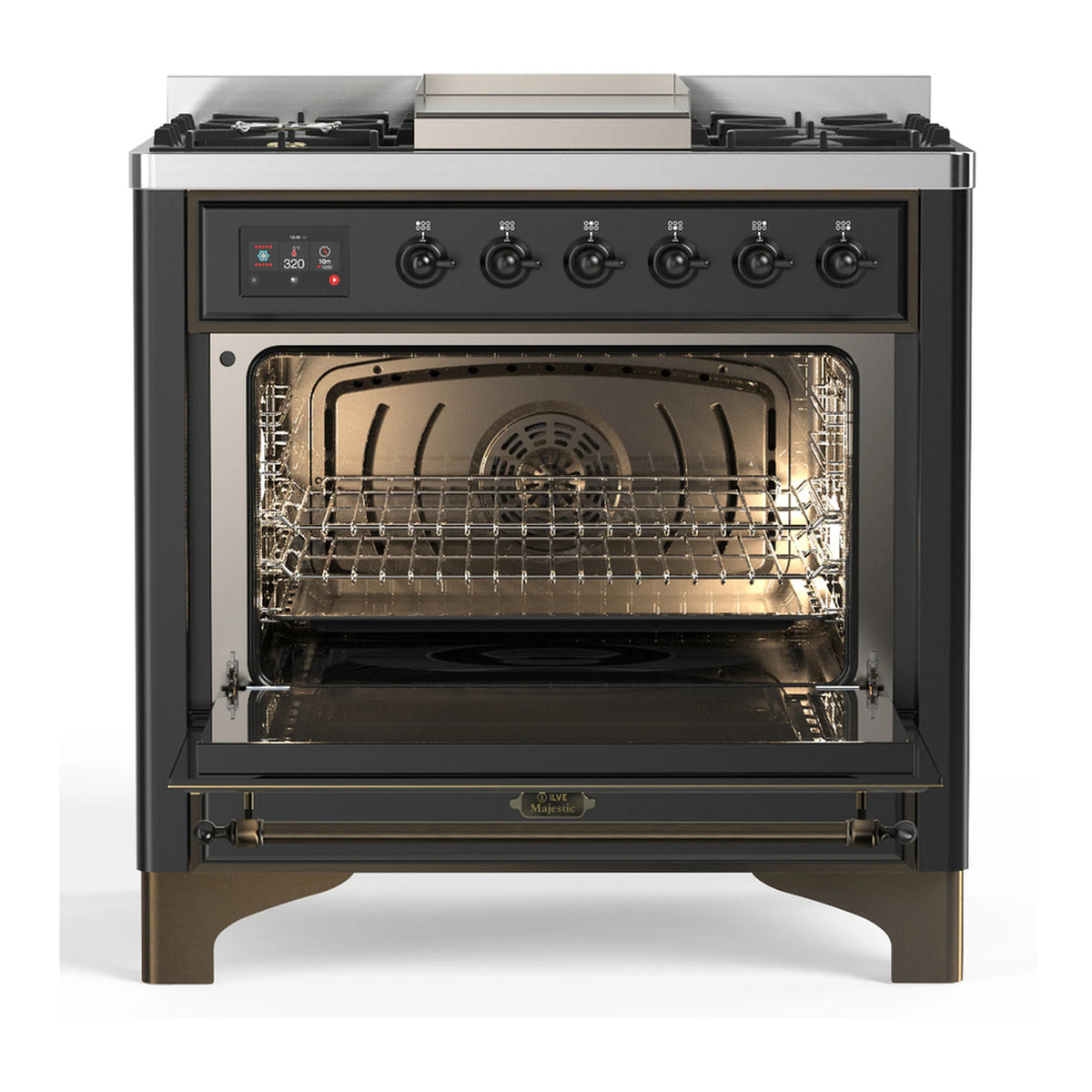 Dual fuel range oven with wire racks and lit interior cavity