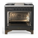 ILVE Majestic III 36-inch Dual Fuel Range with 6 Natural Gas Burner, Griddle and Solid Door Electric Oven in Graphite Matte with Burnished Trim (UM36FQNR3MGB)