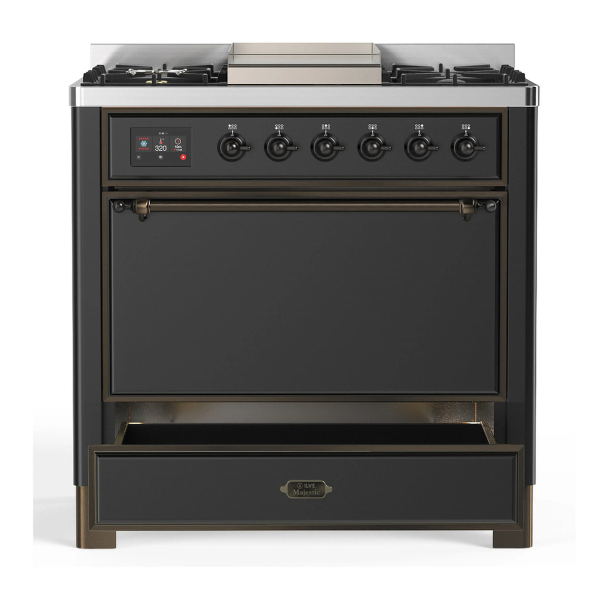 Graphite matte dual fuel range with 6 natural gas burners, griddle, solid door oven