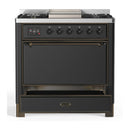 ILVE Majestic III 36-inch Dual Fuel Range with 6 Natural Gas Burner, Griddle and Solid Door Electric Oven in Graphite Matte with Burnished Trim (UM36FQNR3MGB)
