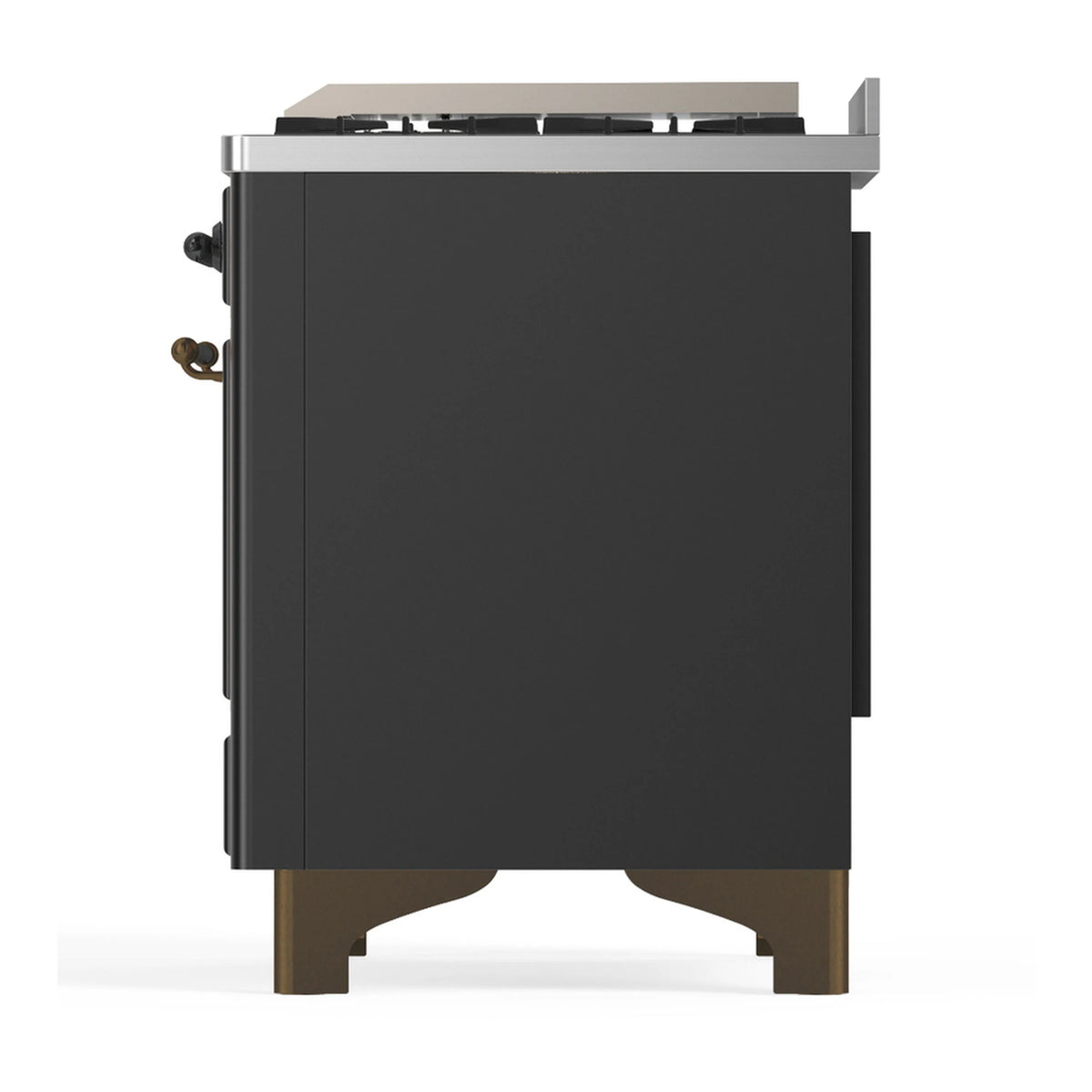 Graphite matte side view of dual fuel range with side control knobs and trim