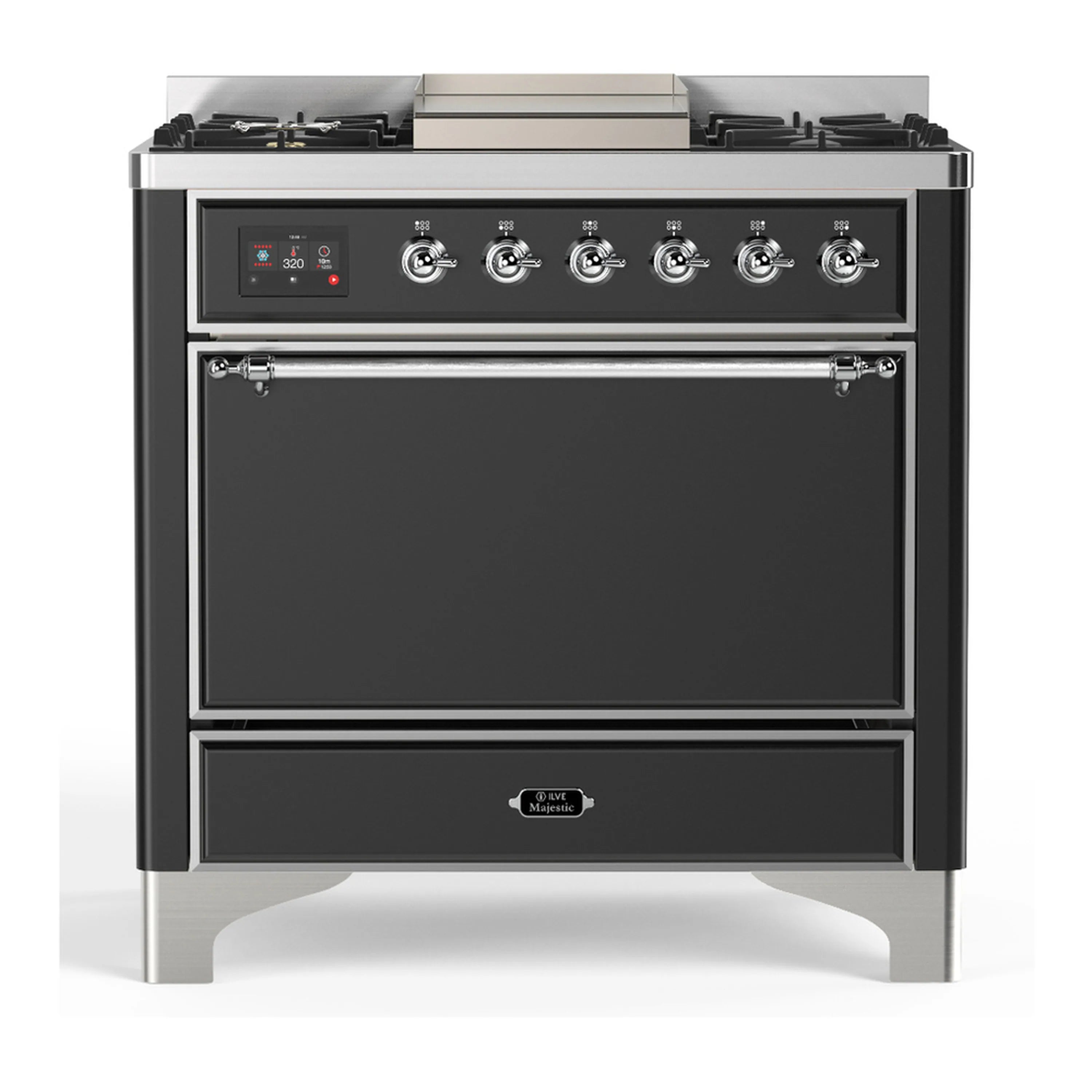 Graphite matte dual fuel range with chrome trim, 6 gas burners, griddle, and electric oven