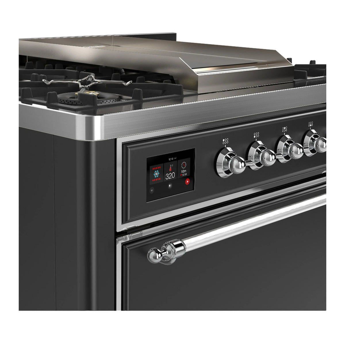 Graphite dual fuel range with chrome trim; control knobs and 6 gas burners plus griddle