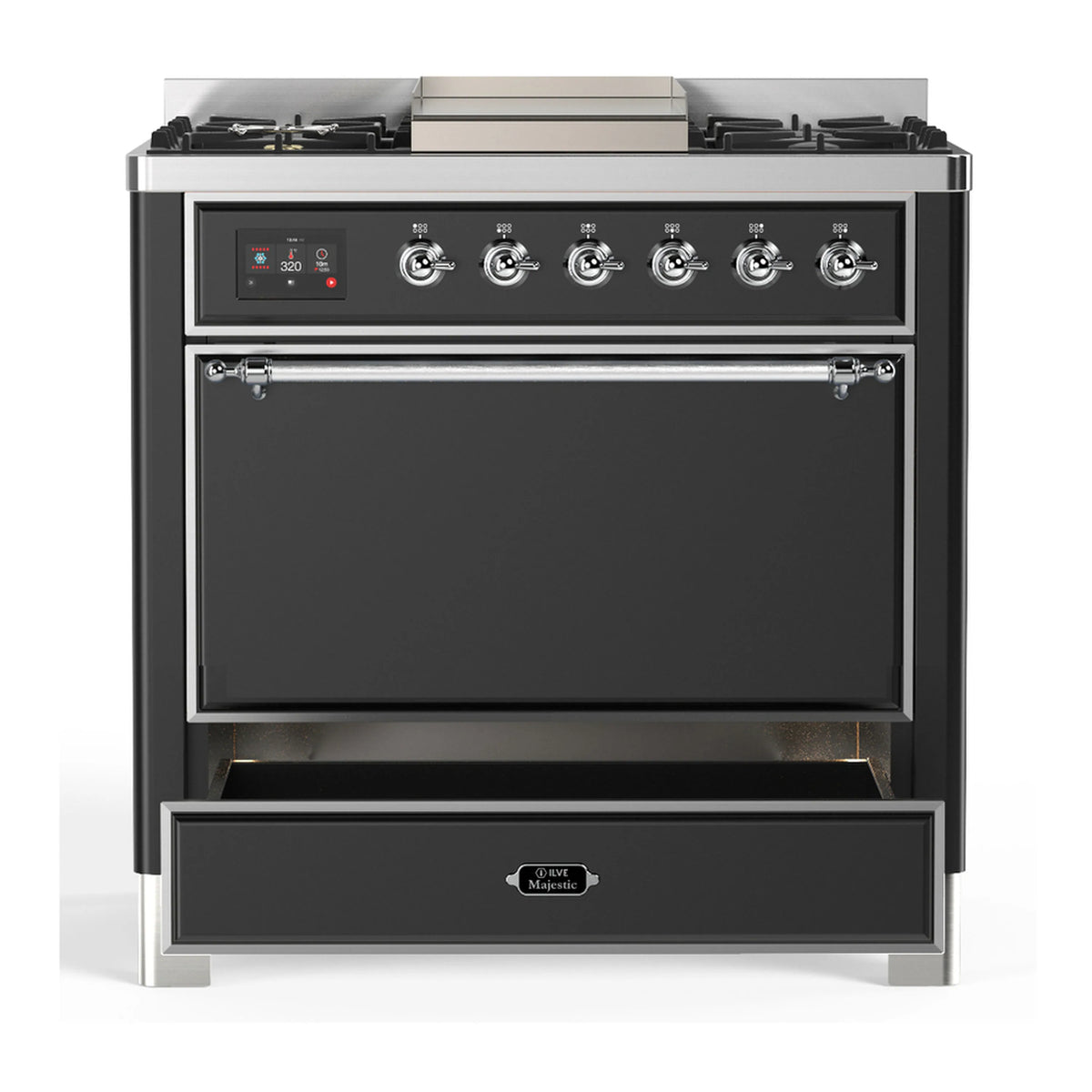 Graphite matte dual fuel range with closed oven door and control panel across front.