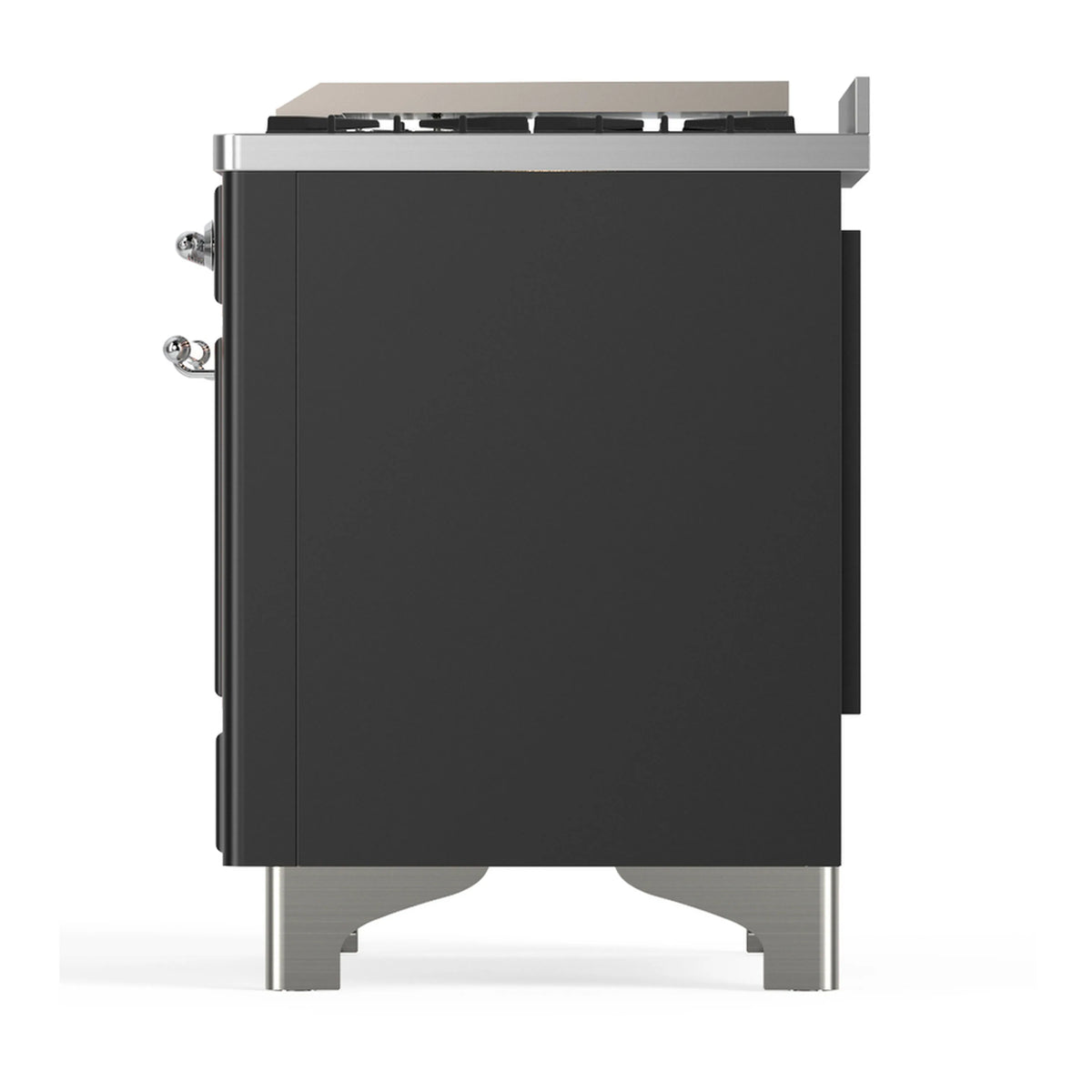 Graphite matte dual fuel range side panel view with chrome trim and stainless legs