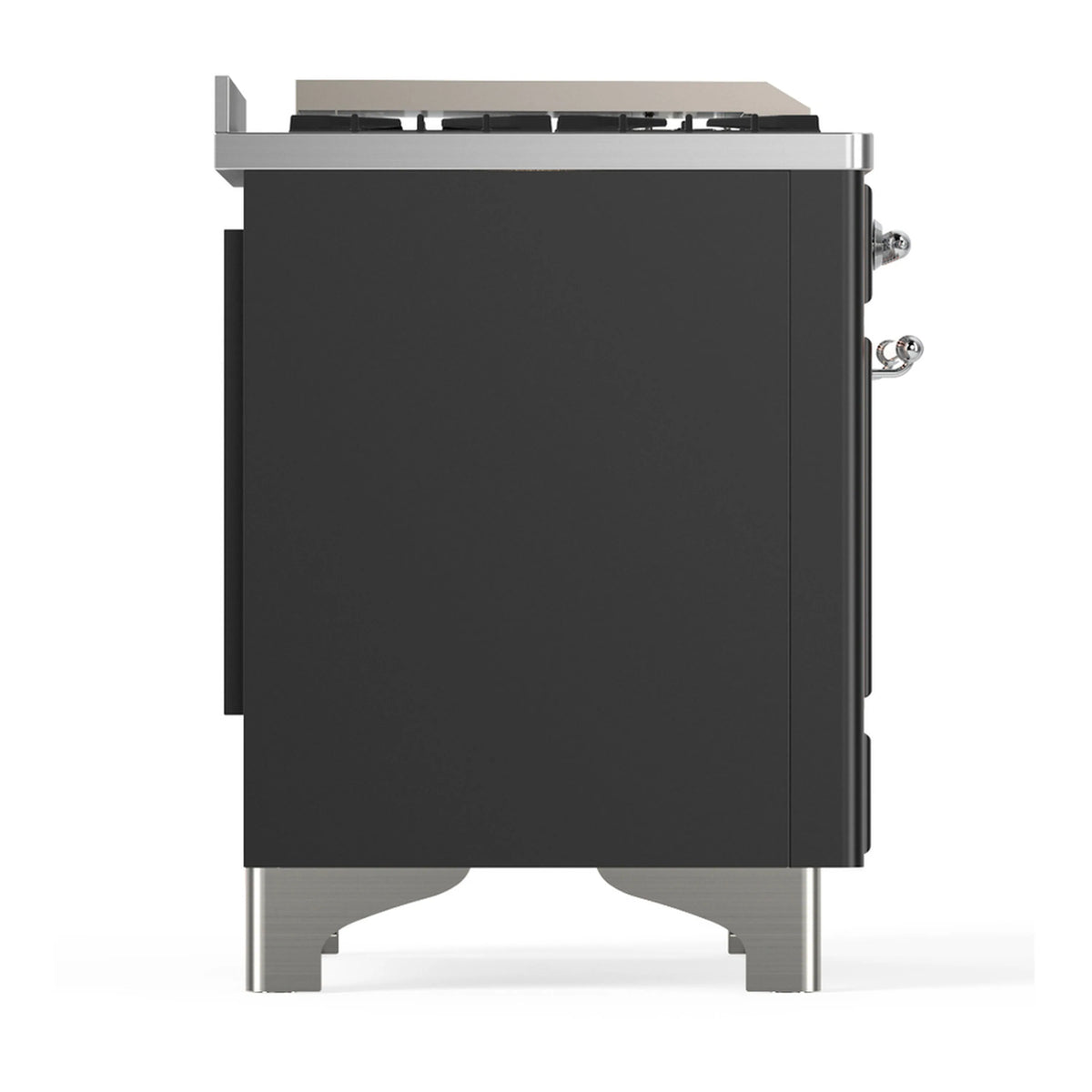 Graphite matte dual fuel range side view with smooth panel and chrome brackets