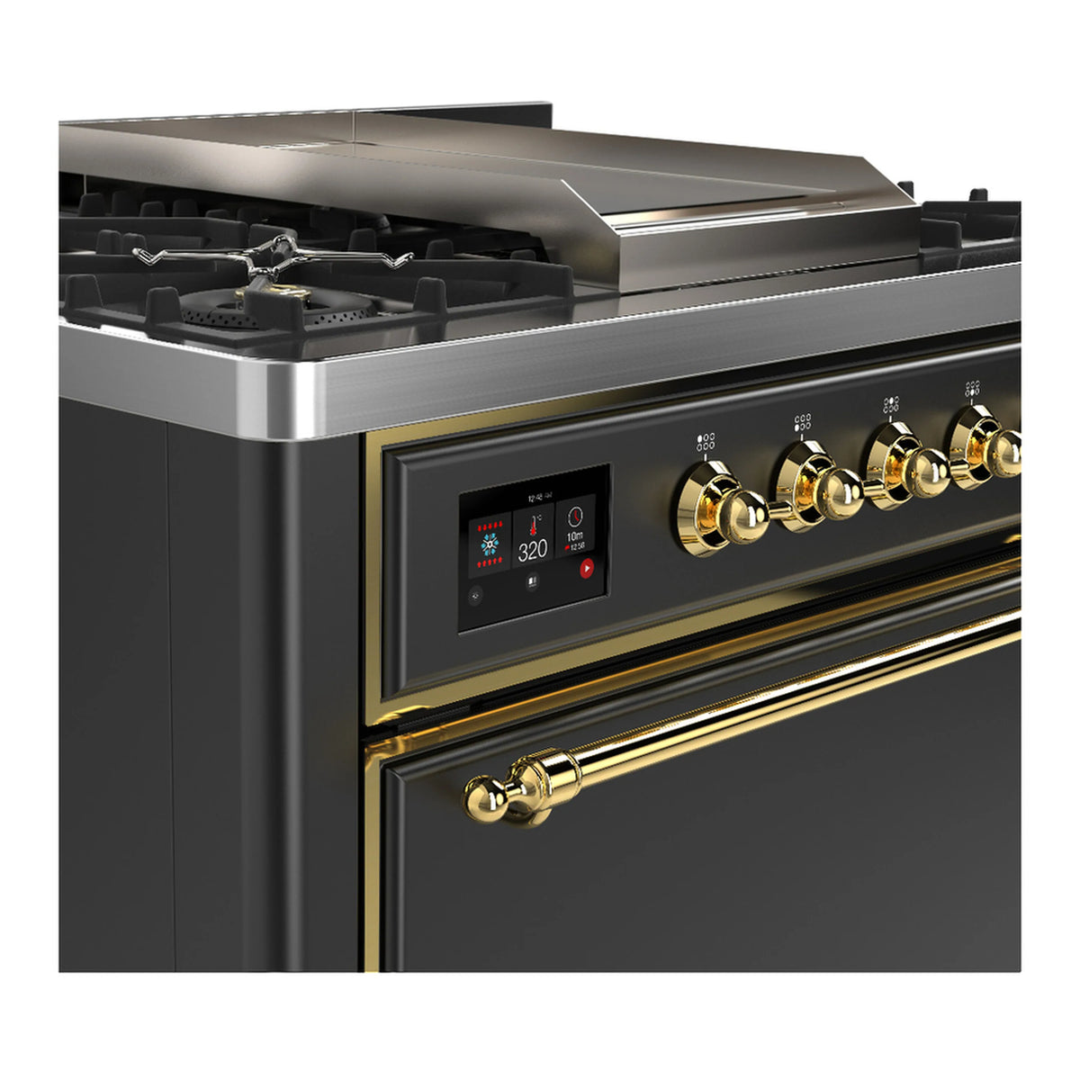 Graphite matte dual fuel range control panel with brass knobs and digital display