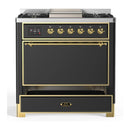 ILVE Majestic III 36-inch Dual Fuel Range with 6 Natural Gas Burner, Griddle and Solid Door Electric Oven in Graphite Matte with Brass Trim (UM36FQNR3MGG)