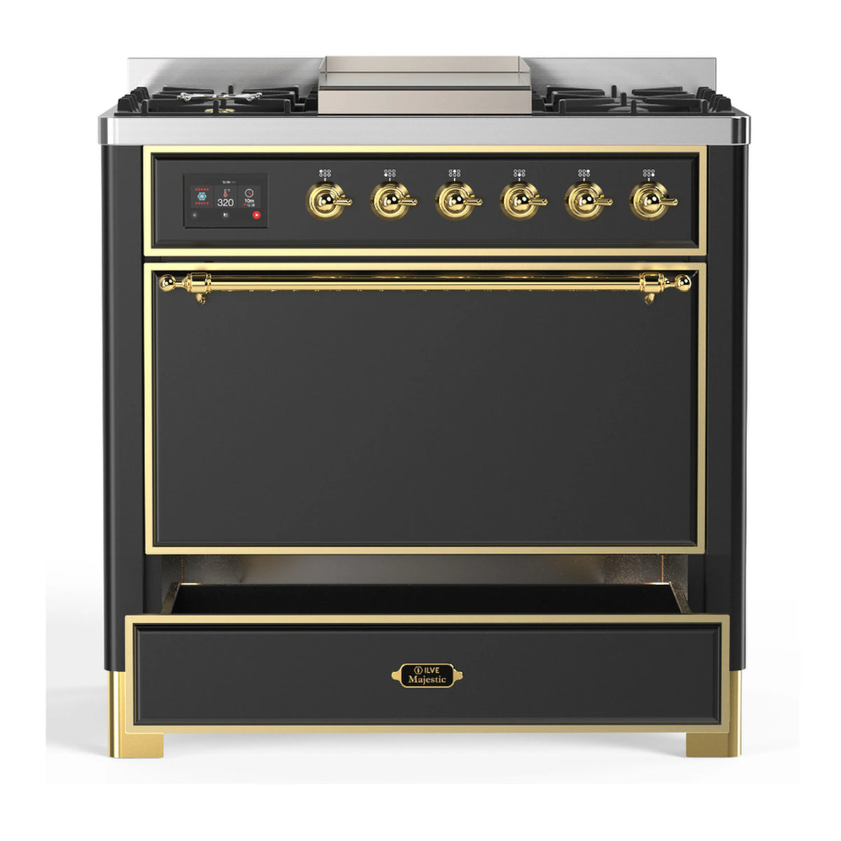 Graphite matte dual fuel range with brass trim, front controls and solid oven door
