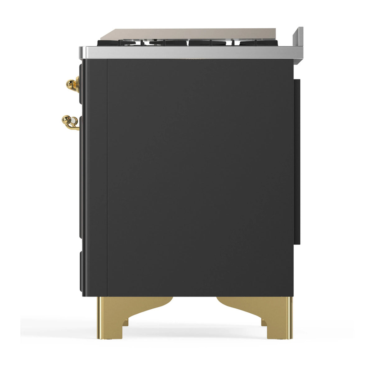 Graphite matte dual fuel range side panel with brass base supports