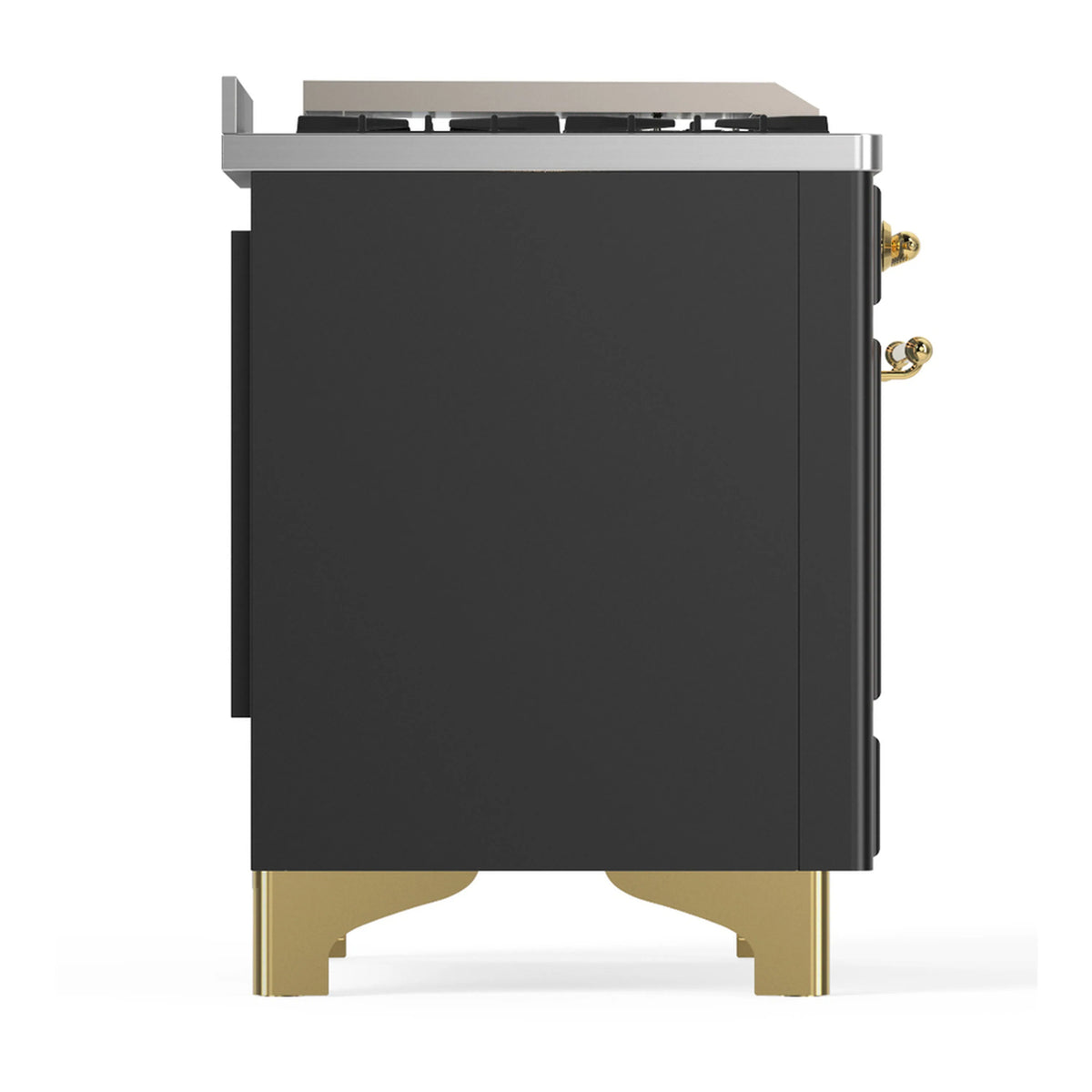 Graphite matte dual fuel range rear side panel with brass base supports