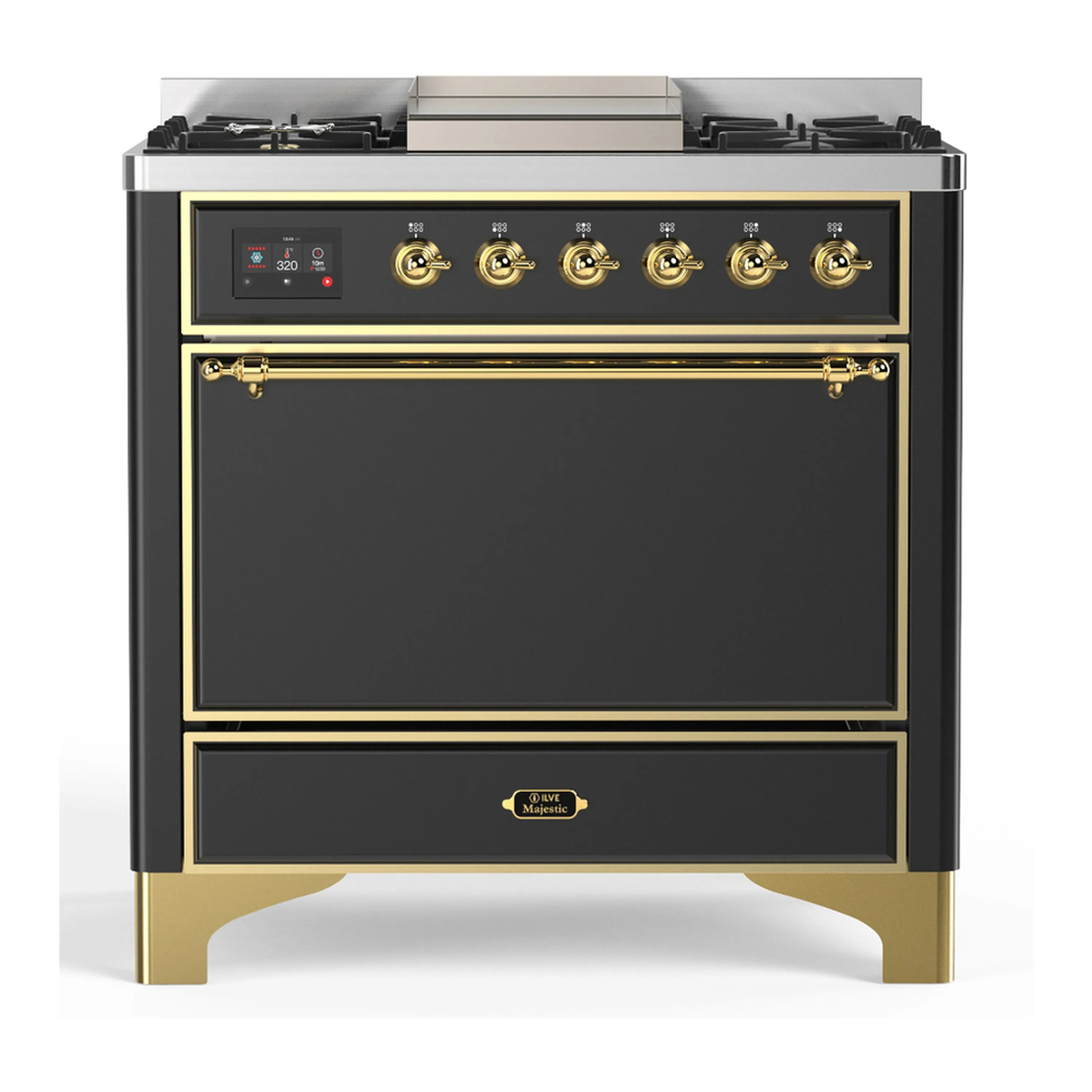 Graphite matte dual fuel range with brass trim, oven door window and front control panel