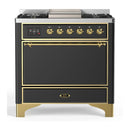 ILVE Majestic III 36-inch Dual Fuel Range with 5 Liquid Propane Burner, Griddle and Solid Door Electric Oven in Graphite Matte with Brass Trim (UM36FQNR3MGGLP)