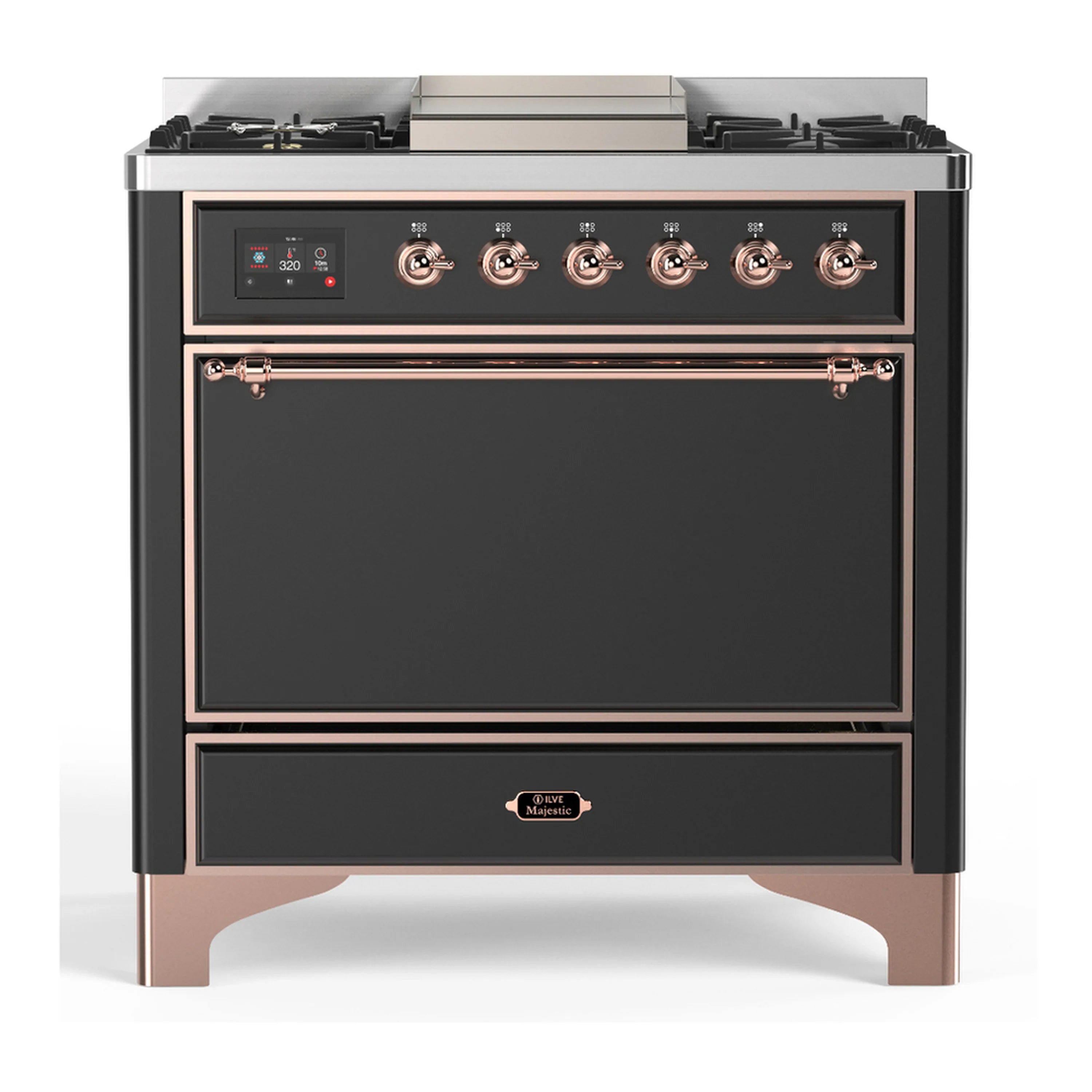 Graphite matte dual-fuel range with 6 gas burners, copper-trim control panel and griddle