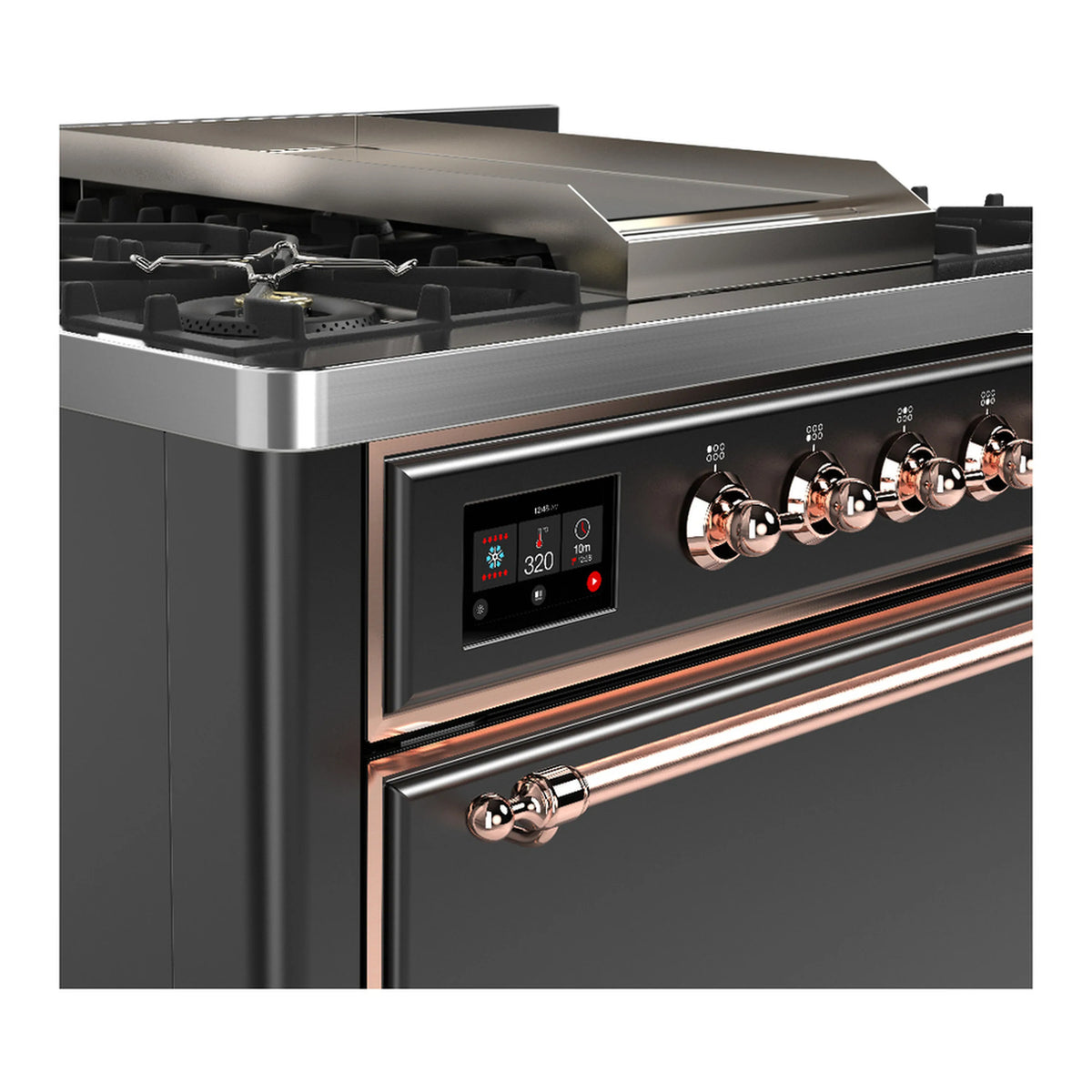 Graphite matte cooktop with copper-trimmed control knobs and stainless griddle cover