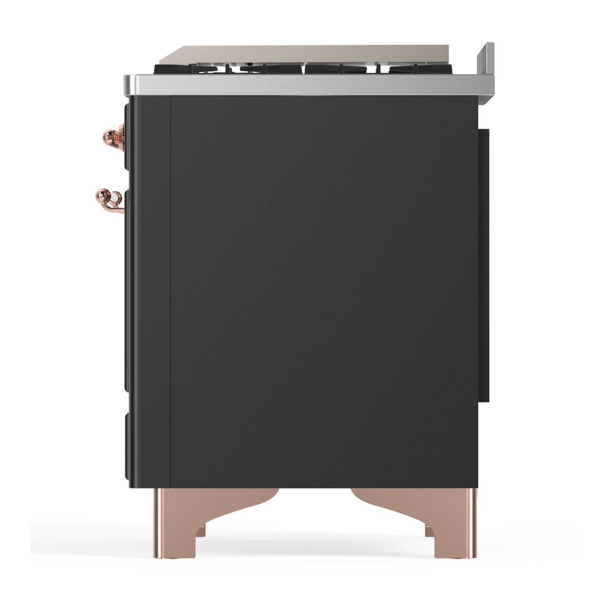 Graphite matte solid-door oven section with copper-trim side handles and vented top