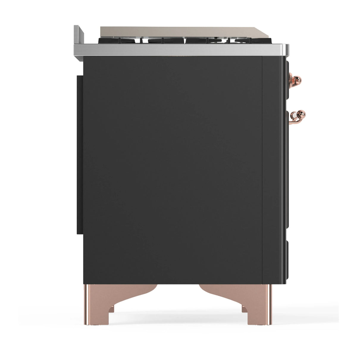 Graphite matte oven door and back panel with copper-trim side accents and feet