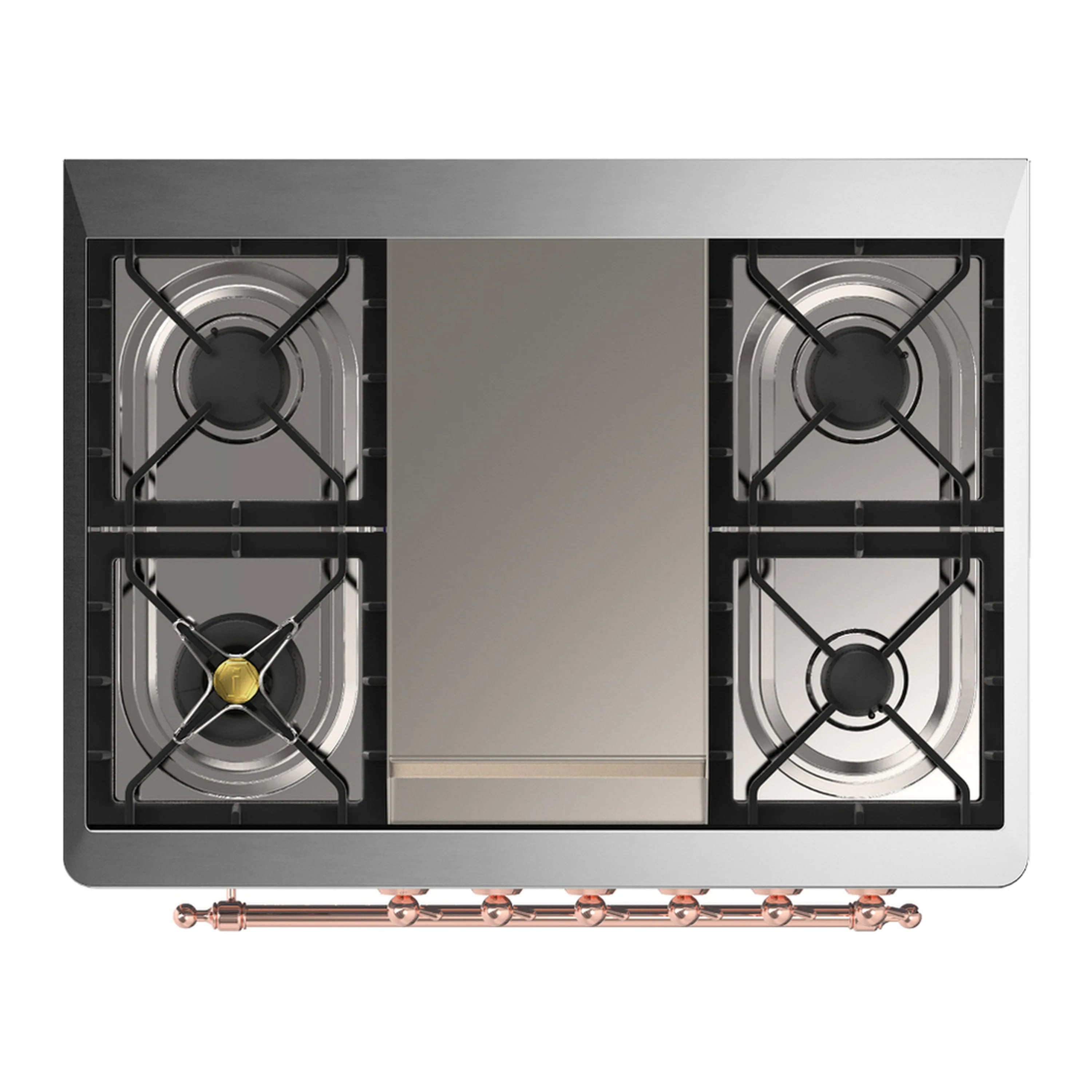 Open cooktop with four gas burners and metal burner grates with cross supports