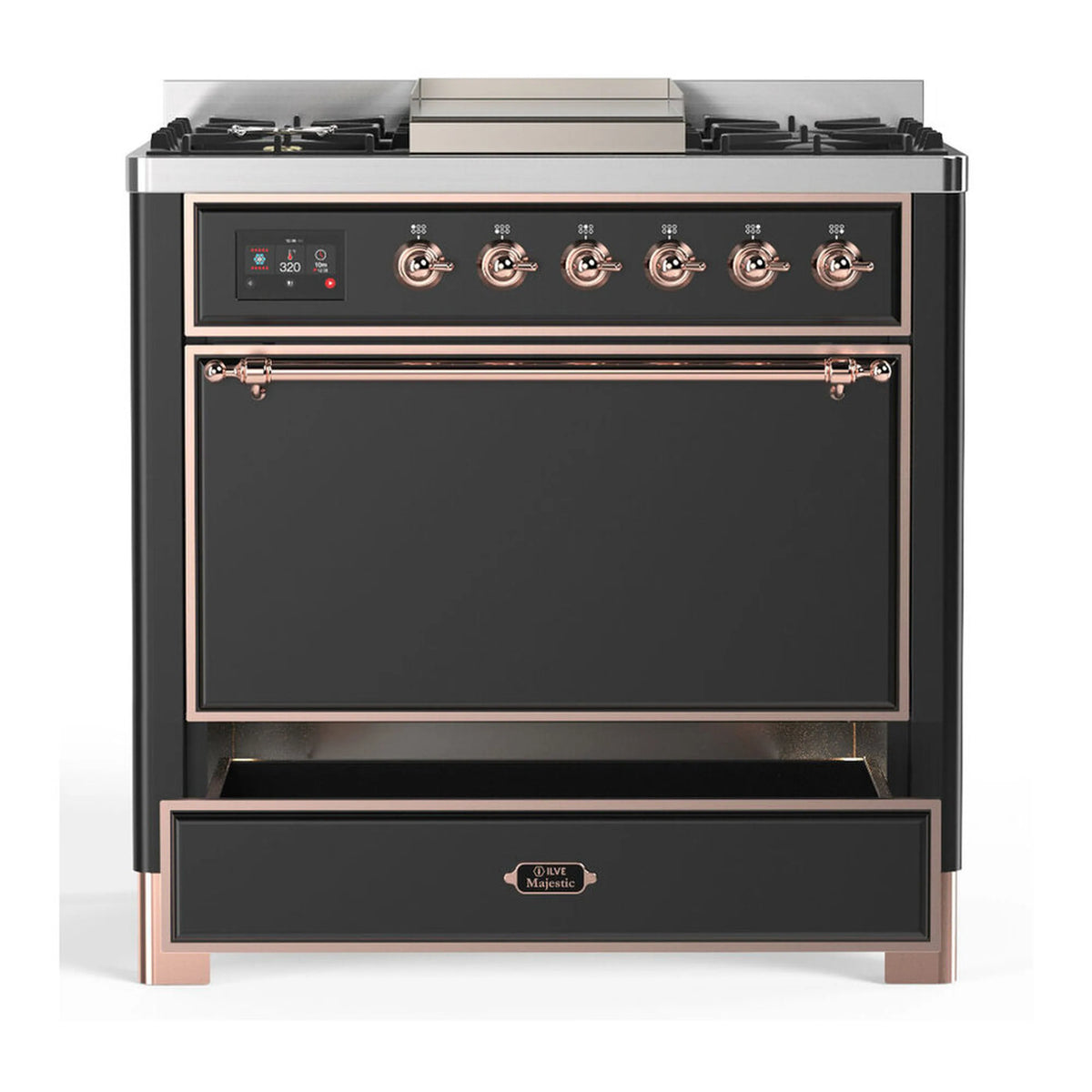 Graphite matte dual-fuel range with 6 gas burners and solid oven door, copper trim