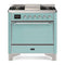 ILVE Majestic III 36-inch Dual Fuel Range with 5 Liquid Propane Burner, Griddle and Solid Door Electric Oven in Mediterranean Mint with Burnished Trim (UM36FQNR3MMBLP)
