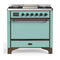 ILVE Majestic III 36-inch Dual Fuel Range with 6 Natural Gas Burner, Griddle and Solid Door Electric Oven in Mediterranean Mint with Burnished Trim (UM36FQNR3MMB)