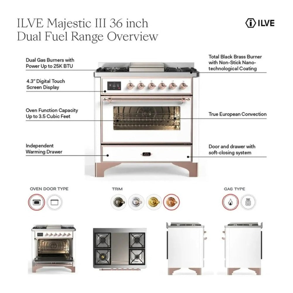 ILVE Majestic III 36-inch Dual Fuel Range with 6 Natural Gas Burner, Griddle and Solid Door Electric Oven in Mediterranean Mint with Chrome Trim (UM36FQNR3MMC)