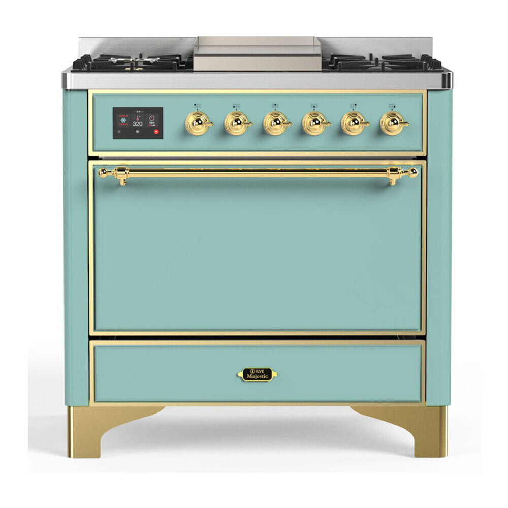 ILVE Majestic III 36-inch Dual Fuel Range with 5 Liquid Propane Burner, Griddle and Solid Door Electric Oven in Mediterranean Mint with Brass Trim (UM36FQNR3MMGLP)