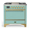 ILVE Majestic III 36-inch Dual Fuel Range with 6 Natural Gas Burner, Griddle and Solid Door Electric Oven in Mediterranean Mint with Brass Trim (UM36FQNR3MMG)