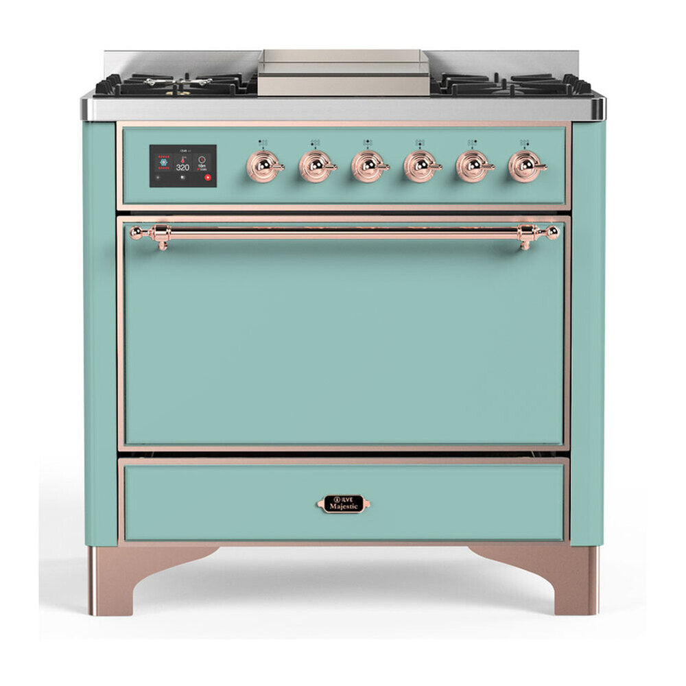 ILVE Majestic III 36-inch Dual Fuel Range with 5 Liquid Propane Burner, Griddle and Solid Door Electric Oven in Mediterranean Mint with Copper Trim (UM36FQNR3MMPLP)