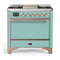ILVE Majestic III 36-inch Dual Fuel Range with 5 Liquid Propane Burner, Griddle and Solid Door Electric Oven in Mediterranean Mint with Copper Trim (UM36FQNR3MMPLP)