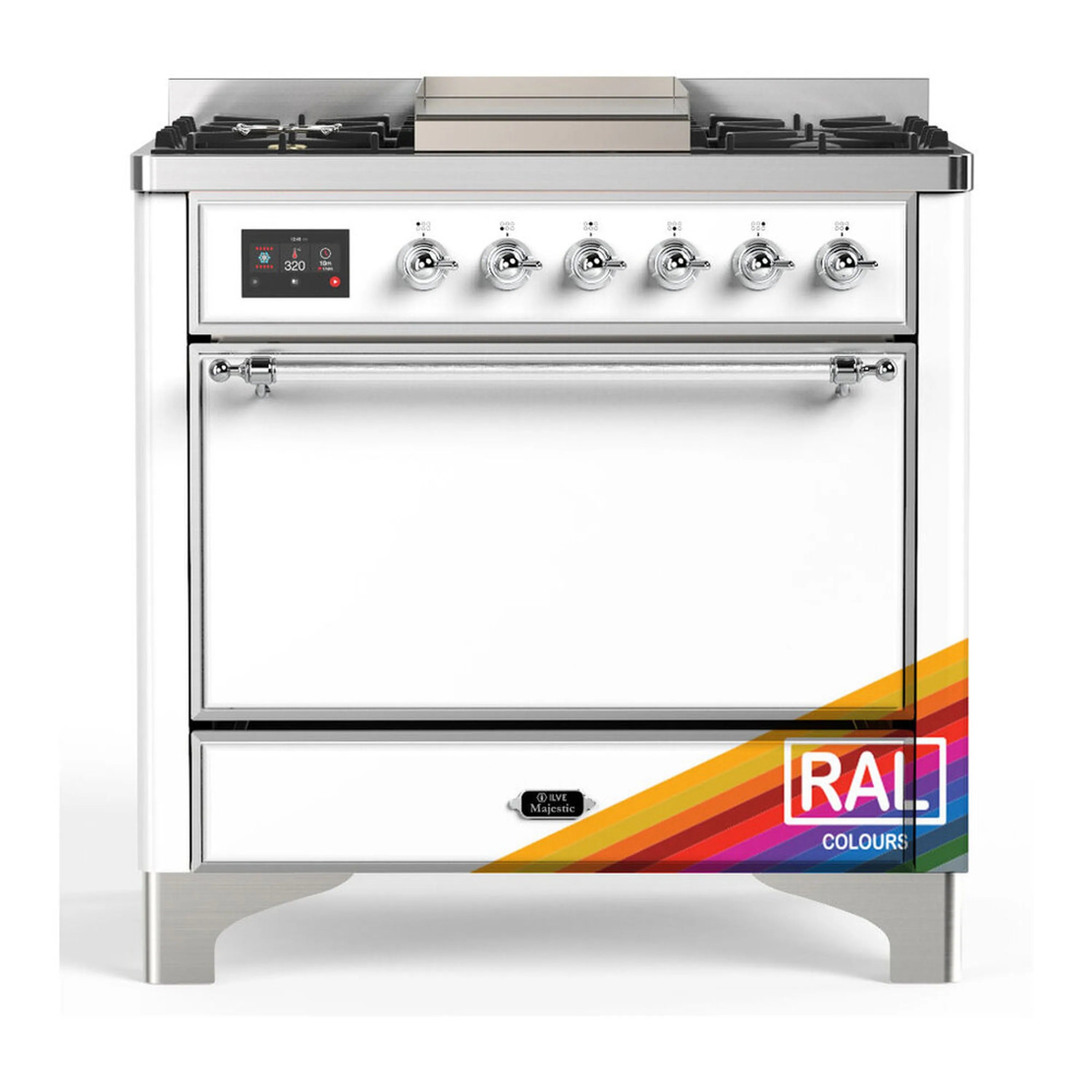 Dual fuel range with chrome trim, front control knobs, and solid-door electric oven