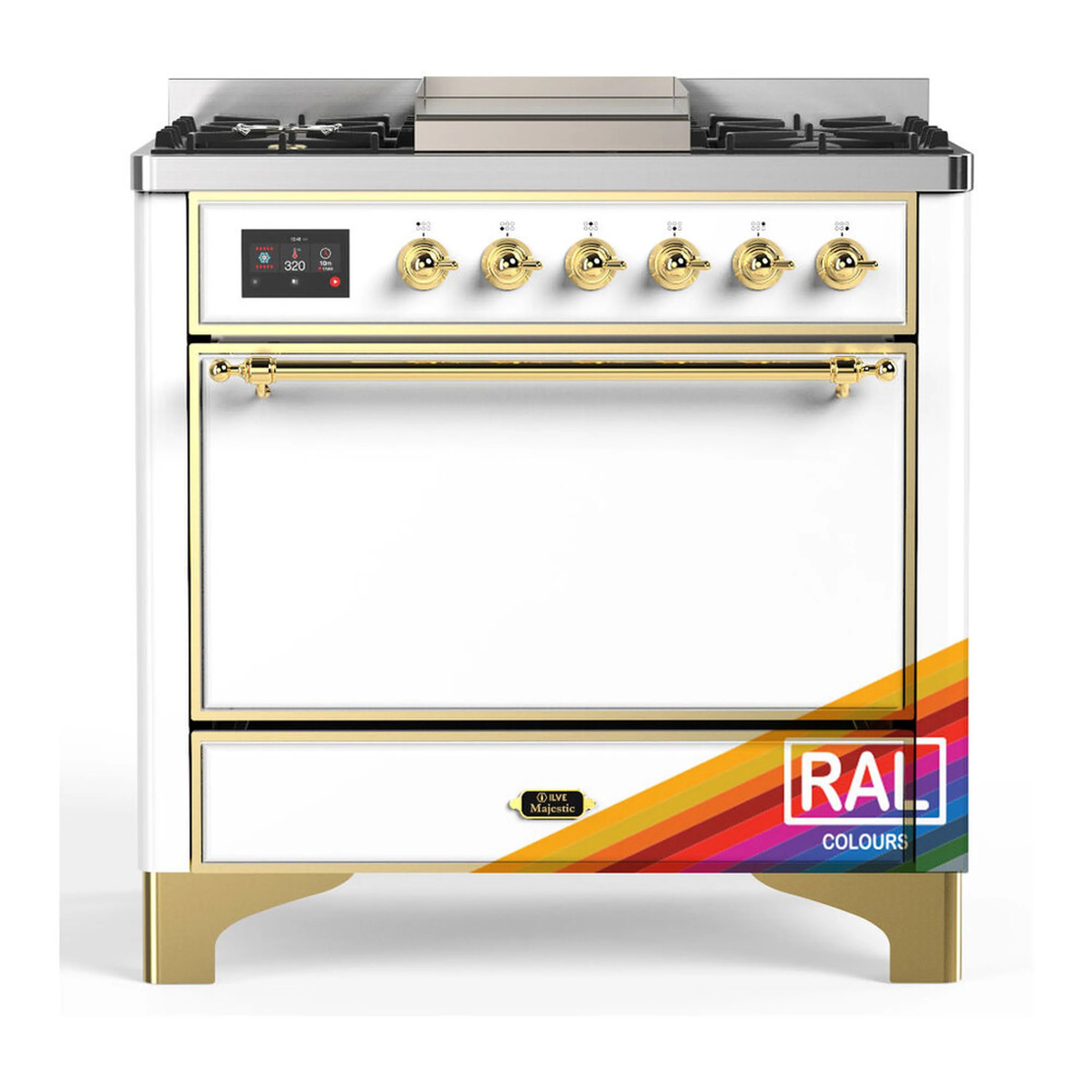 Dual fuel range front view with gas burners, central griddle, and brass control trim