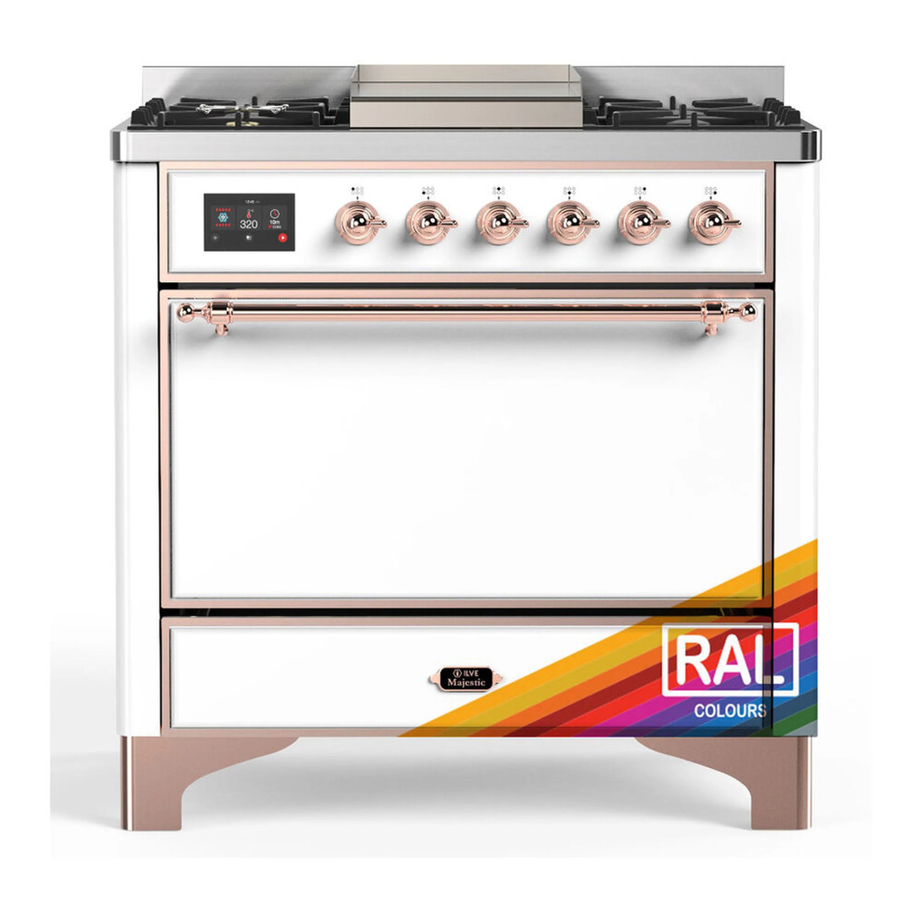 Dual fuel range with copper-trimmed stainless front, control knobs, and solid door oven