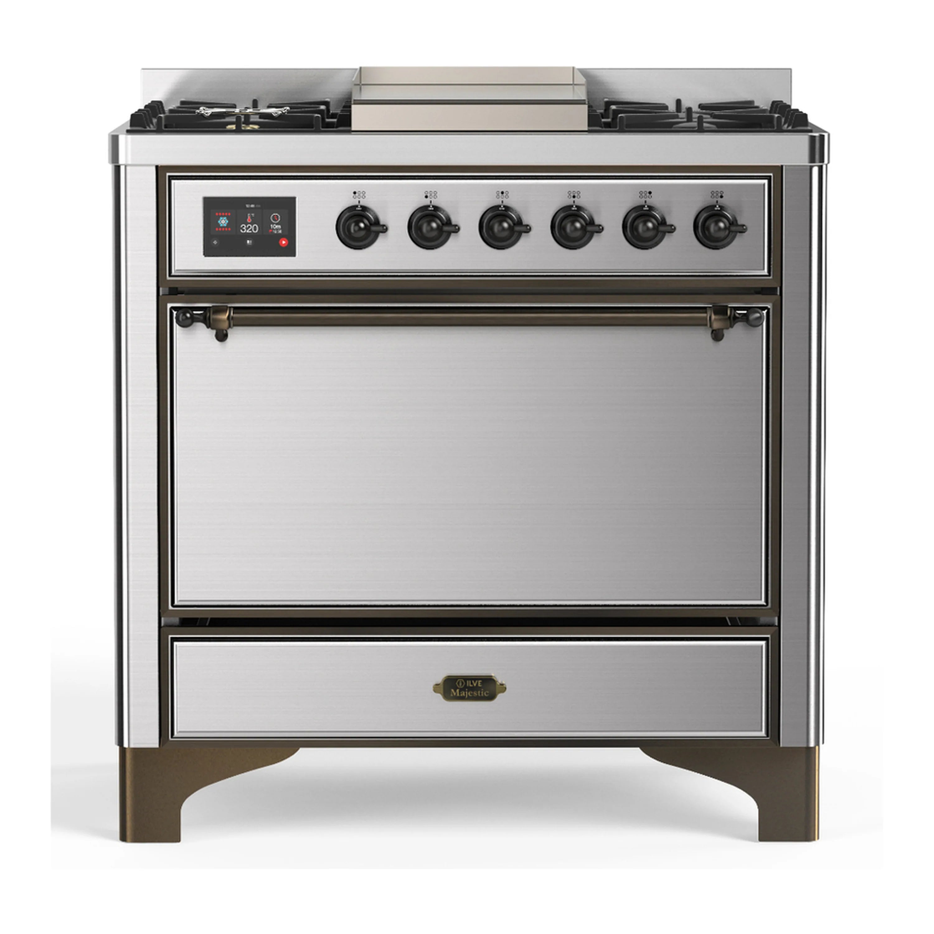 Stainless dual-fuel range with six gas burners, griddle, and control panel