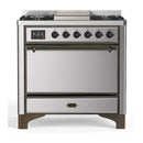 ILVE Majestic III 36-inch Dual Fuel Range with 5 Liquid Propane Burner, Griddle and Solid Door Electric Oven in Stainless Steel with Burnished Trim (UM36FQNR3SSBLP)