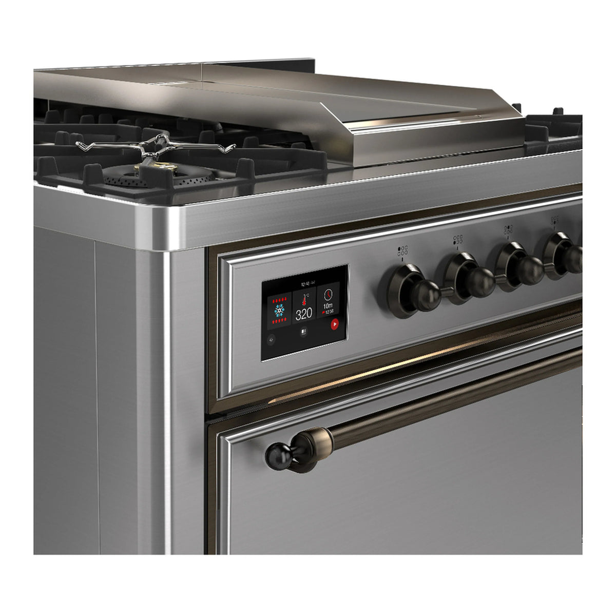 Stainless range cooktop close-up with control display and burner knobs
