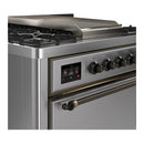 ILVE Majestic III 36-inch Dual Fuel Range with 5 Liquid Propane Burner, Griddle and Solid Door Electric Oven in Stainless Steel with Burnished Trim (UM36FQNR3SSBLP)