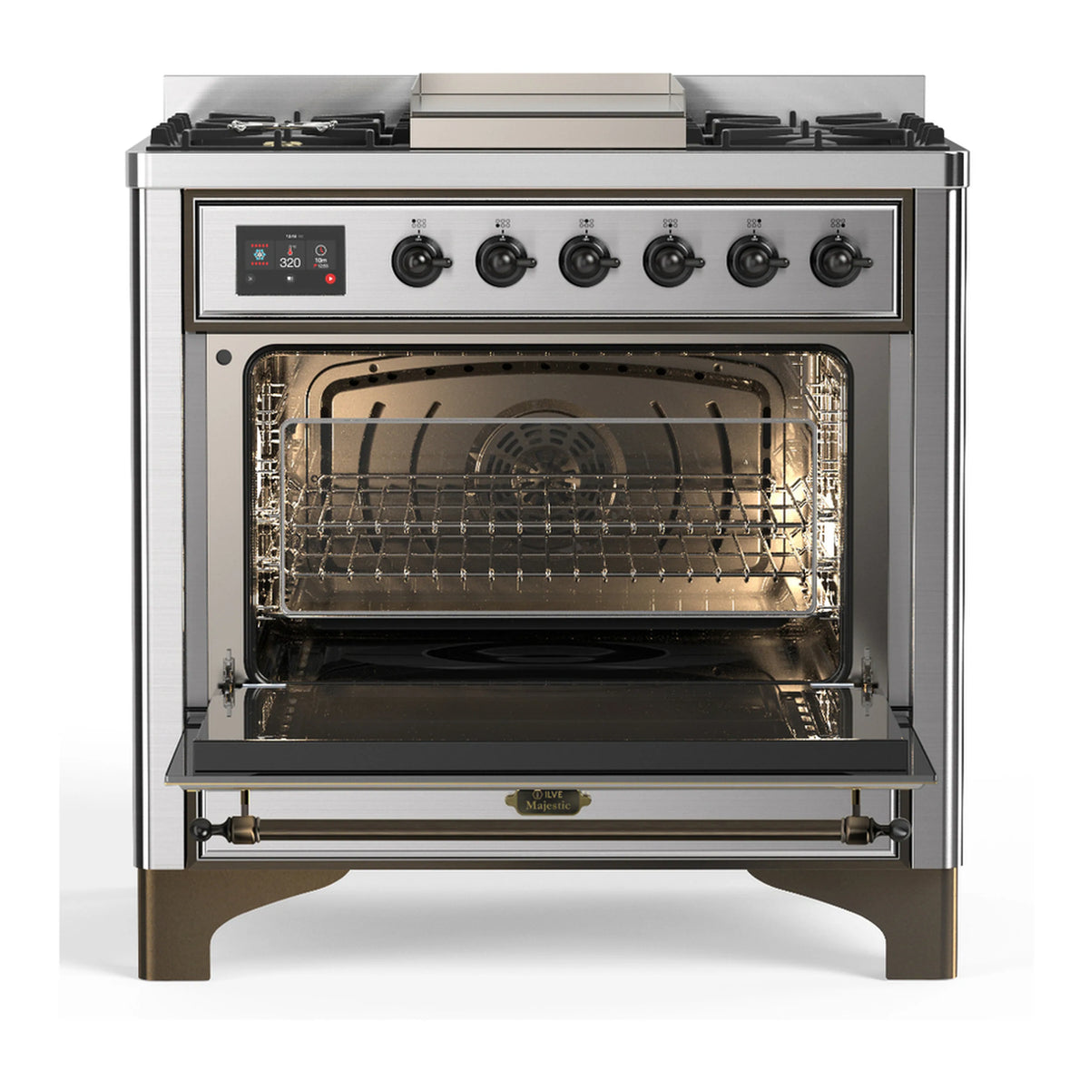 Stainless oven with open door showing interior racks and heating cavity