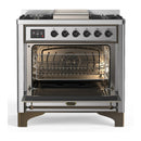 ILVE Majestic III 36-inch Dual Fuel Range with 5 Liquid Propane Burner, Griddle and Solid Door Electric Oven in Stainless Steel with Burnished Trim (UM36FQNR3SSBLP)