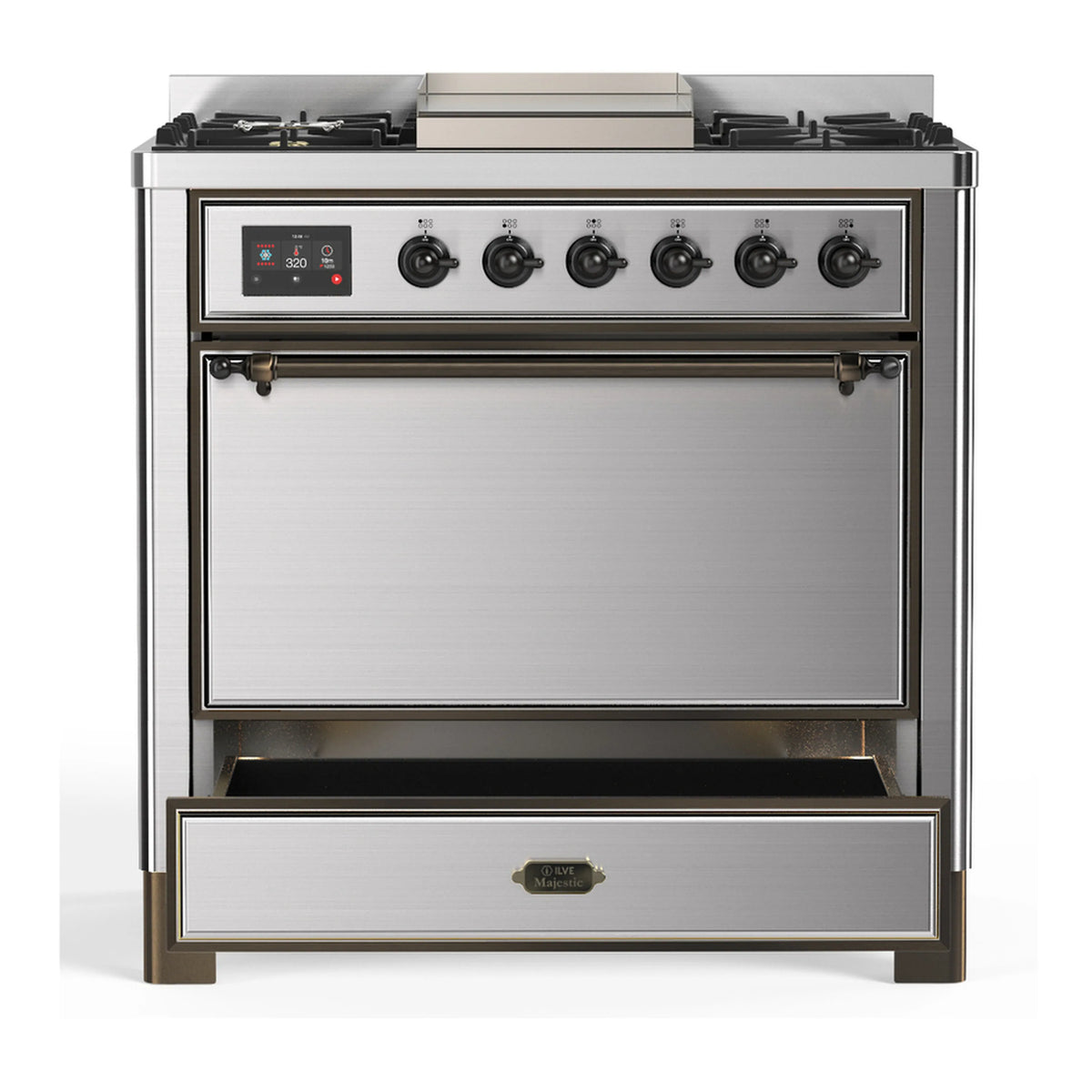 Stainless range with closed oven door, front handle, and burner control panel