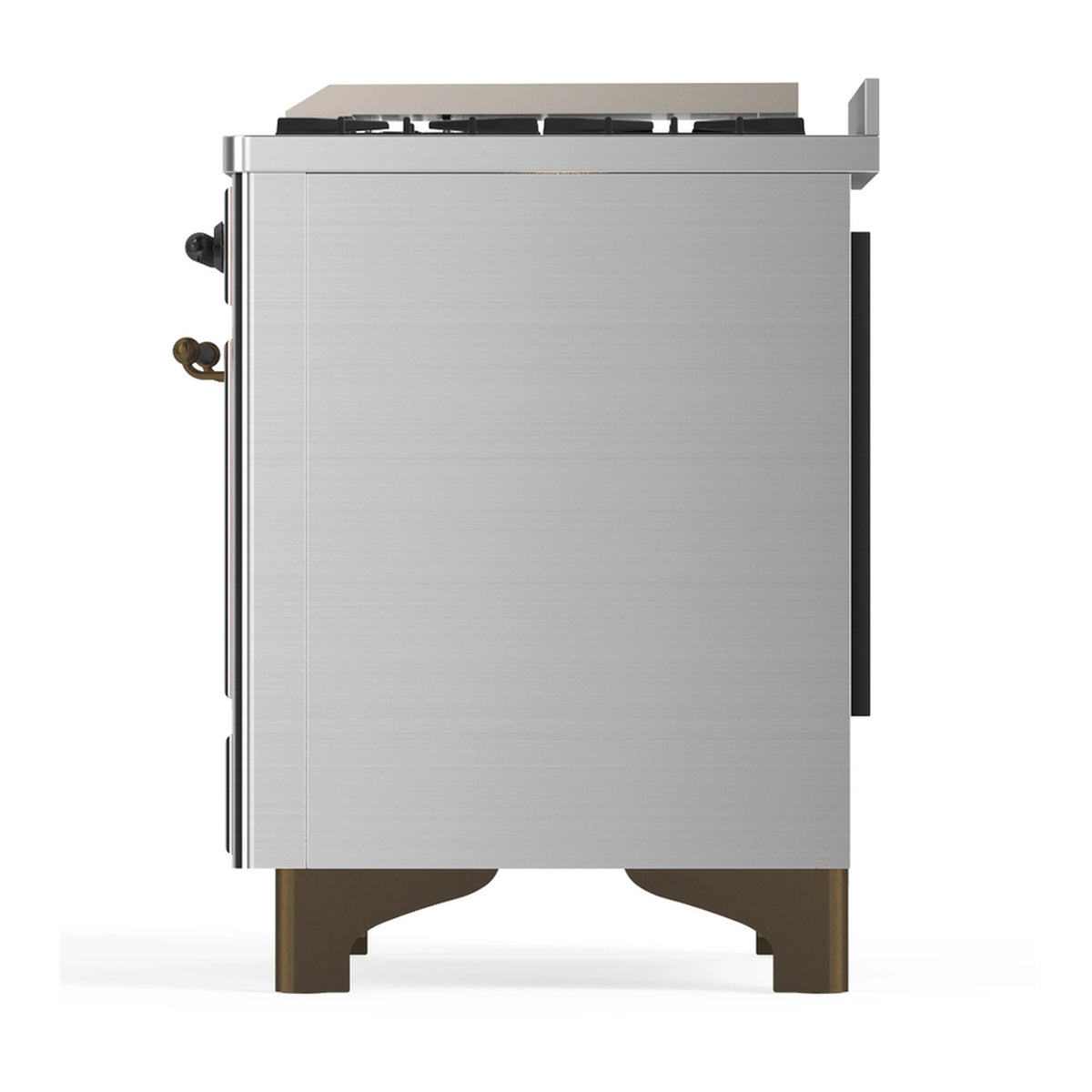 Stainless range side view with solid door exterior and rear panel sections