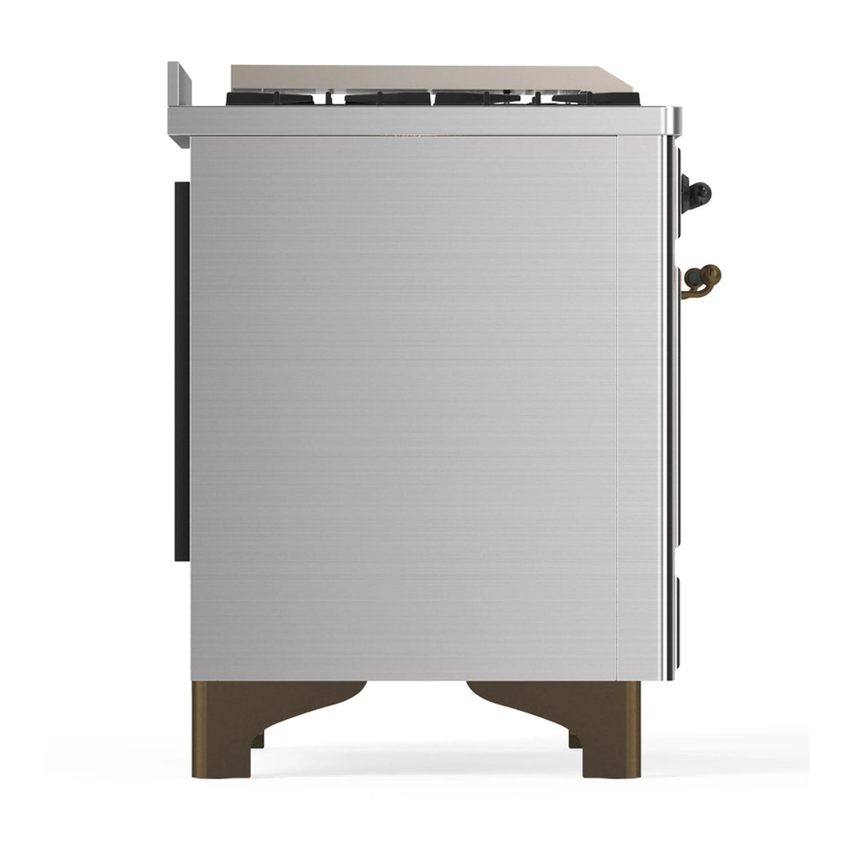 Stainless range side view with handle detail and solid door exterior