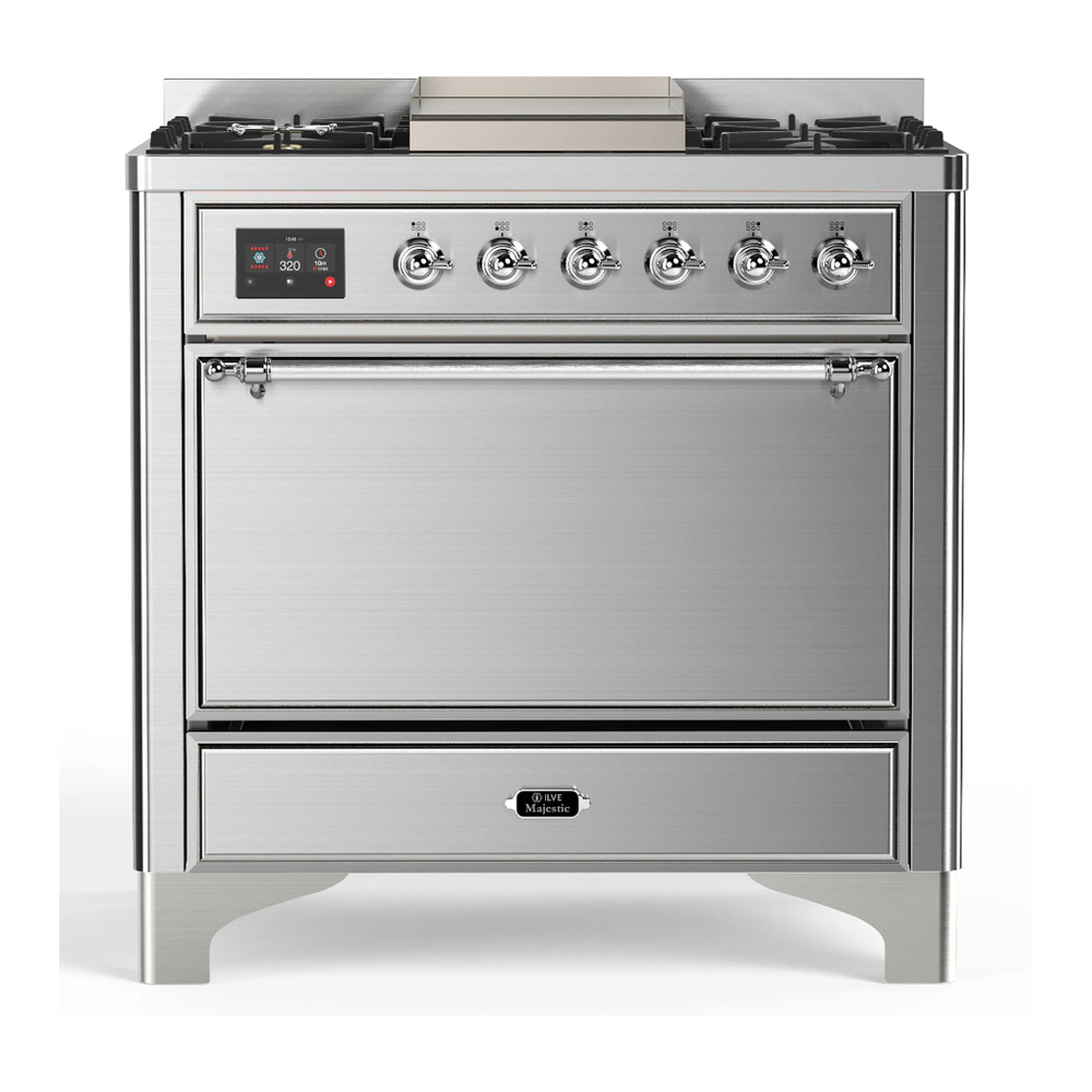 Stainless steel dual fuel range with six natural gas burners and solid oven door